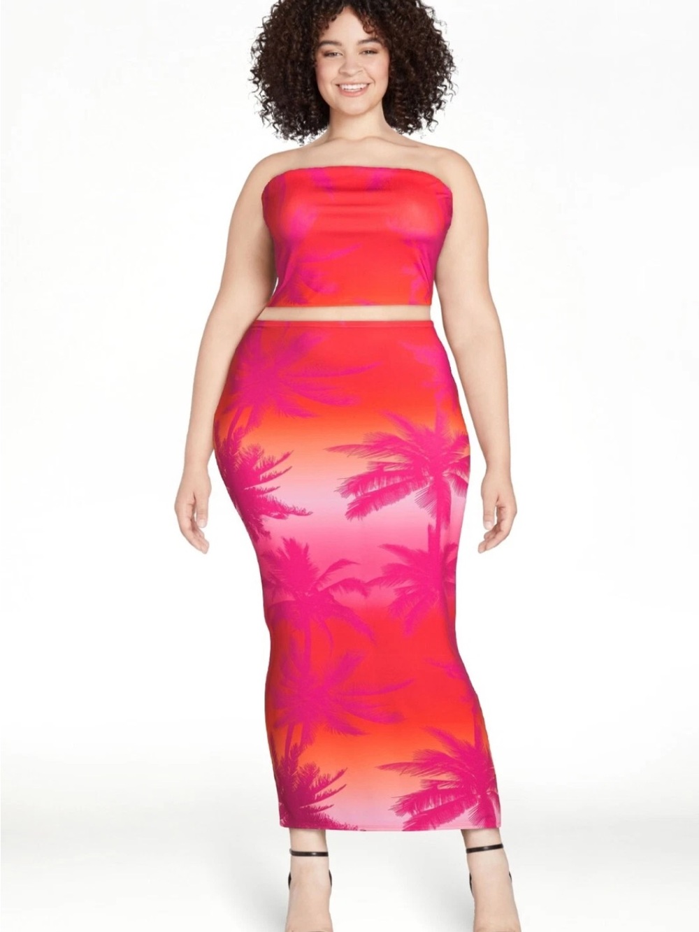 Tropical Pink-Orange Strapless Two-Piece Tube & Skirt